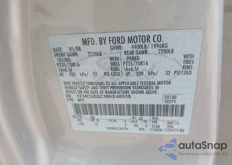 2008 Ford Escape Xls/Xls Manual из США, поврежденный, VIN 1FMCU02Z18KE48935